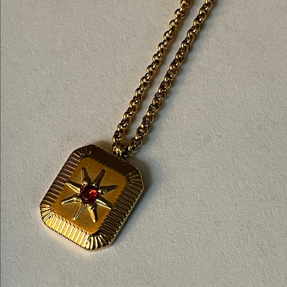 Victorian Revival Gold Pendant Necklace with Ruby Starburst center